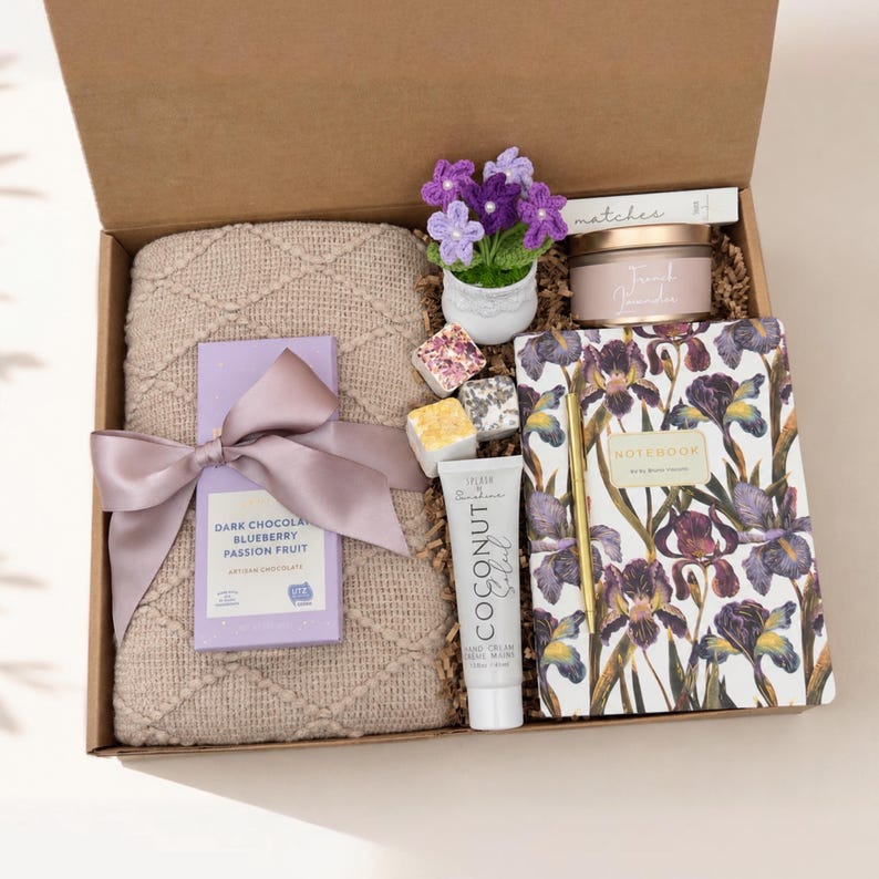 Cozy Blanket Gift Box with Potted Tulip Crochet Flowers and Gourmet Chocolate image 1