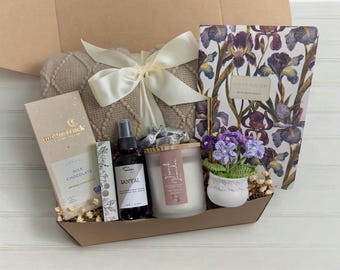 Cozy Blanket Care Package with Notebook- Potted Tulip Crochet Flowers and Gourmet Chocolate, Gift Box with Blanket
