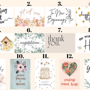 May include: A set of 13 greeting cards with different designs and messages. The cards feature floral patterns, watercolor illustrations, and handwritten text. The messages include "thinking of you", "get well soon", "to new beginnings", "happy birthday", "sending you sunshine", "congratulations", "thank you", "no words just hugs", "with deepest sympathy", "sending prayers of healing", "happy birthday", "sending warm hugs", and "you got this".