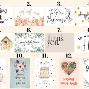 May include: A set of 13 greeting cards with various designs and messages. The cards feature floral patterns, illustrations, and handwritten text. Some of the messages include "thinking of you", "get well soon", "to new beginnings", "happy birthday", "sending you sunshine", "congratulations", "thank you", "no words just hugs", "with deepest sympathy", "sending prayers of healing", "happy birthday", "sending warm hugs", and "you got this".