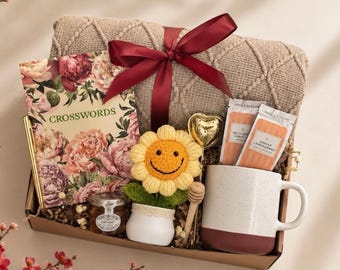 Box of Sunshine Care Package: Crochet Sunflower, Cozy Blanket