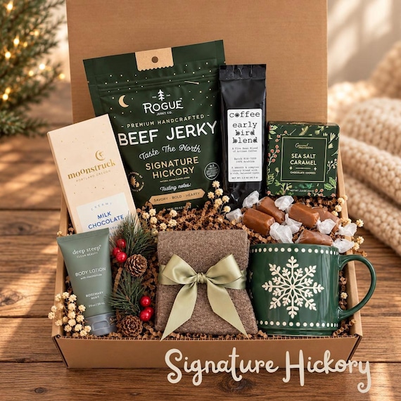 Holiday Care Package: Jerky Gifts with Coffee Mug, Hot Cocoa Gift Set, Cozy Gifts for Her