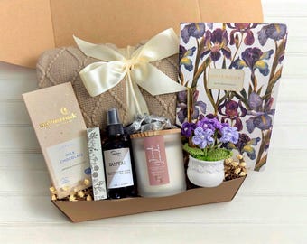 Happy Birthday Gift, Care Package for Her with Orchid Notebook, and Cozy Blanket