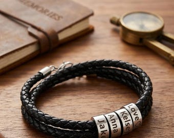 Personalized Braided Leather Bracelet, Custom Engraved Name Beads, Fathers Day Gift for Him