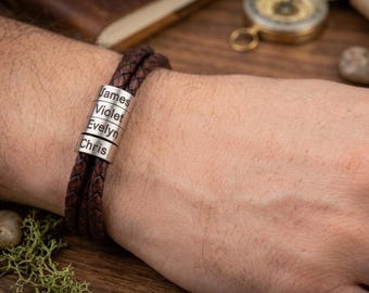 Personalized Braided Leather Bracelet, Custom Engraved Name Beads, Fathers Day Gift for Him