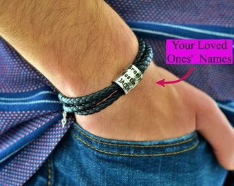 Personalized Braided Leather Bracelet, Custom Engraved Name Beads, Fathers Day Gift for Him