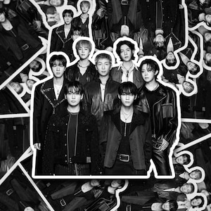May include: Black and white sticker sheet featuring a group of people in various outfits. The group is centered, with some members in leather jackets and others in more formal attire. The sticker sheet has a white border.