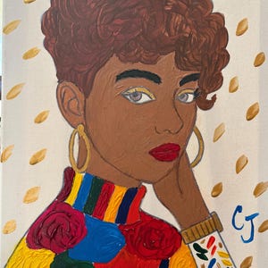 May include: A canvas painting of a person with short curly brown hair, gold hoop earrings, and red lipstick. They wear a high-neck sweater with vertical stripes of yellow, blue, and red, accented by red floral shapes and a white sleeve with colorful dashes.