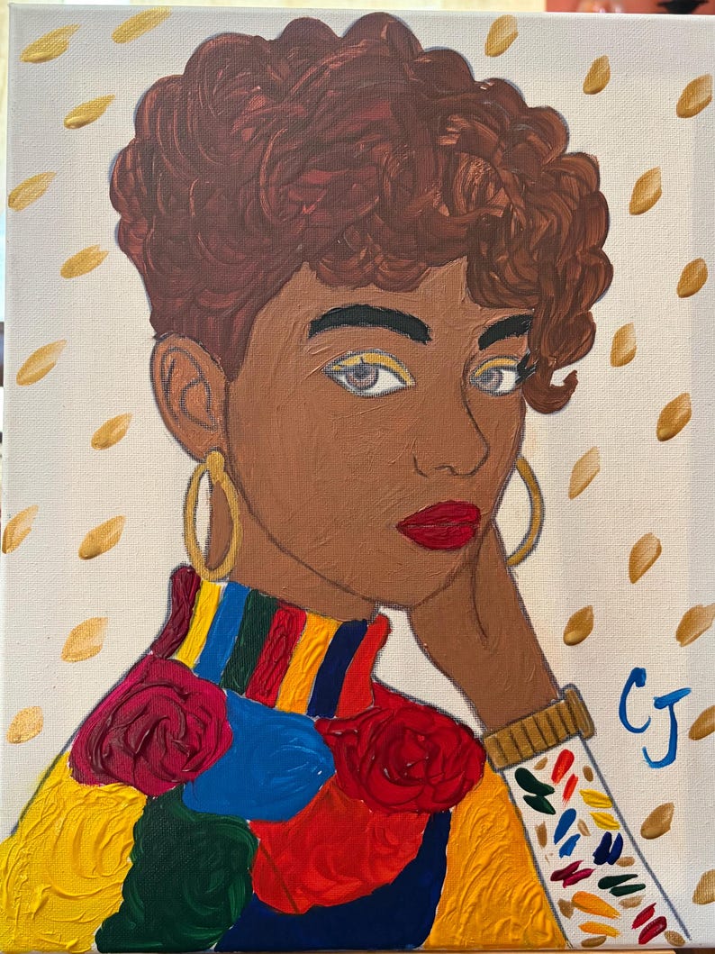 May include: A canvas painting of a person with short curly brown hair, gold hoop earrings, and red lipstick. They wear a high-neck sweater with vertical stripes of yellow, blue, and red, accented by red floral shapes and a white sleeve with colorful dashes.