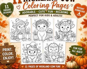 Highland Cow Coloring Pages | Fall, Halloween Designs (Digital Download)