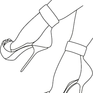 May include: A black and white line art illustration depicting a pair of high-heeled platform sandals with ankle straps. The drawing features clean, bold outlines showing the silhouette of the footwear, including the stiletto heels and open-toe design.