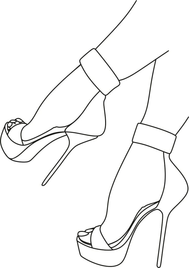 May include: A black and white line art illustration depicting a pair of high-heeled platform sandals with ankle straps. The drawing features clean, bold outlines showing the silhouette of the footwear, including the stiletto heels and open-toe design.