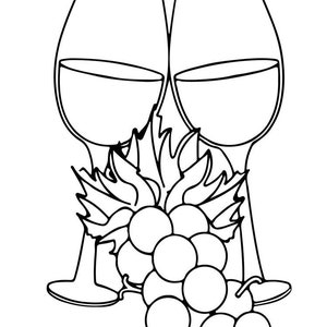 May include: A black and white line art illustration featuring two wine glasses positioned side by side, with a cluster of grapes and leaves centered in the foreground. The design uses clean, bold outlines to define the shapes of the glassware.