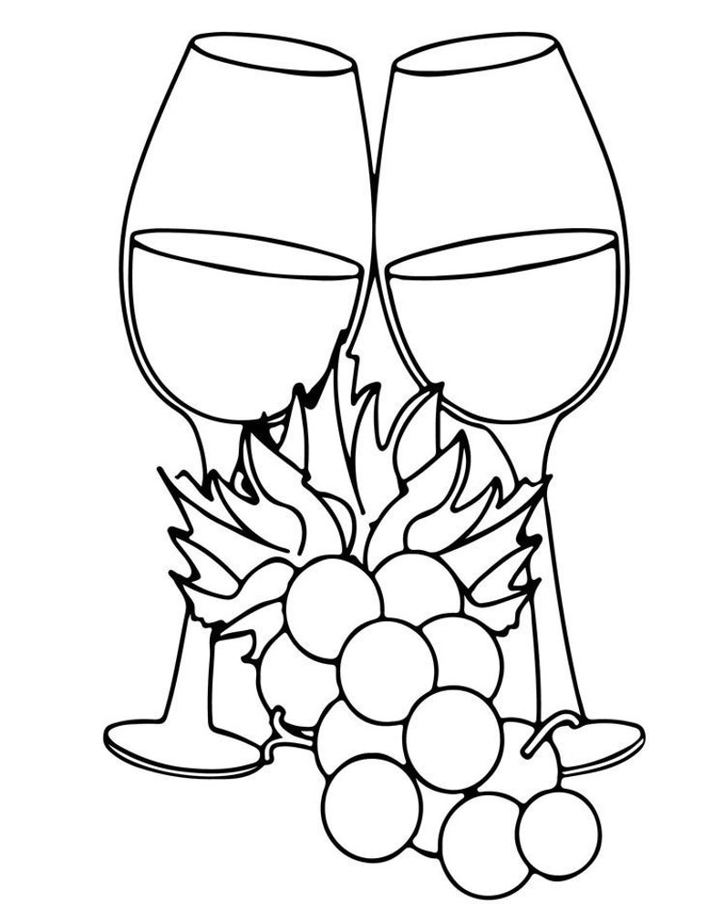 May include: A black and white line art illustration featuring two wine glasses positioned side by side, with a cluster of grapes and leaves centered in the foreground. The design uses clean, bold outlines to define the shapes of the glassware.