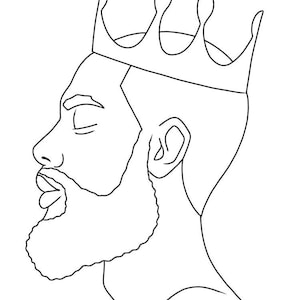 May include: A black and white line art illustration showing the profile of a person with a full beard and closed eyes, wearing a crown on their head. The drawing uses simple, clean black outlines against a plain white background to define the features.