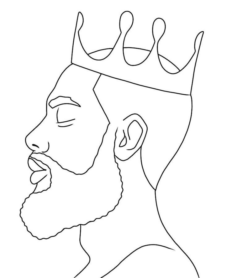 May include: A black and white line art illustration showing the profile of a person with a full beard and closed eyes, wearing a crown on their head. The drawing uses simple, clean black outlines against a plain white background to define the features.