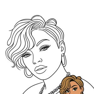 May include: A black and white line art illustration of a person with a short, wavy hairstyle, hoop earrings, and a chain necklace. A smaller, colored version of the same illustration is positioned in the bottom right corner of the image.