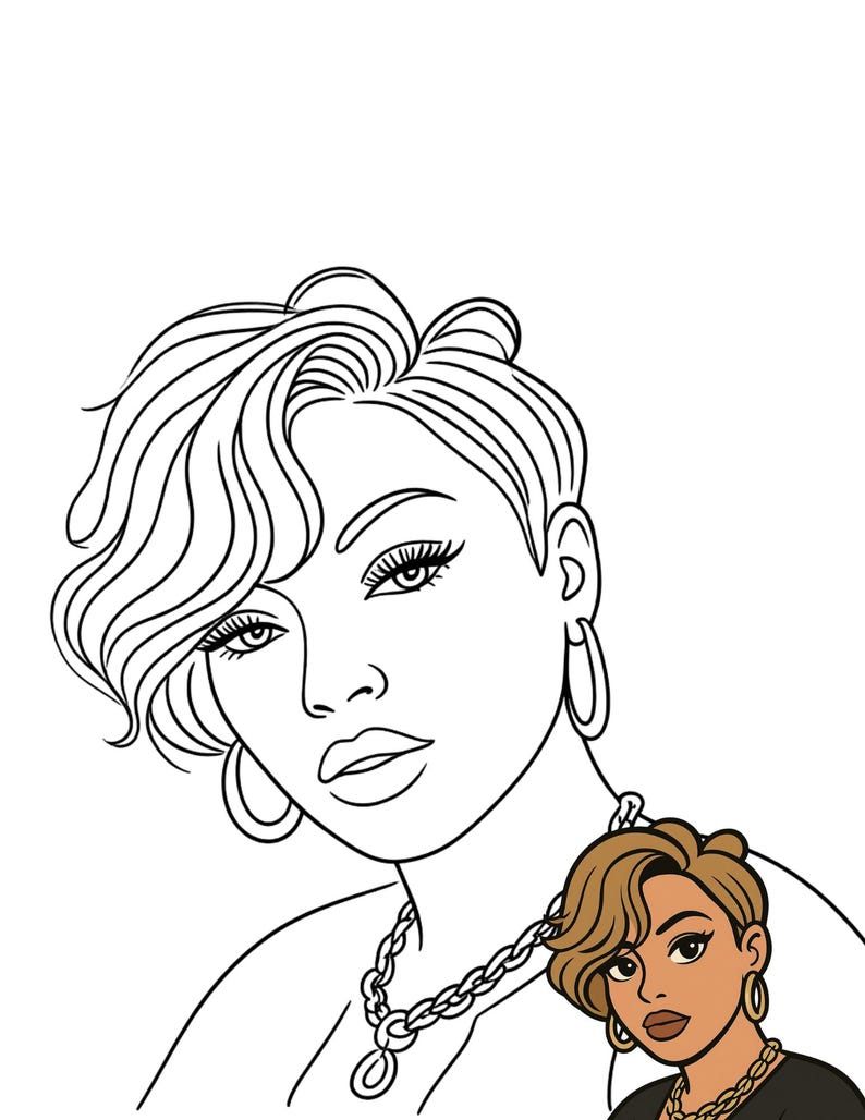 May include: A black and white line art illustration of a person with a short, wavy hairstyle, hoop earrings, and a chain necklace. A smaller, colored version of the same illustration is positioned in the bottom right corner of the image.