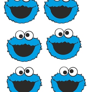 Op de afbeelding: Zes cartoonafbeeldingen van het Cookie Monster-personage van Sesamstraat. Elke afbeelding toont een blauw, harig gezicht met grote witte ogen en een brede, zwarte open mond. De afbeeldingen zijn gerangschikt in twee rijen van drie.