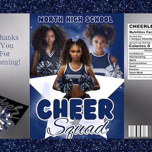May include: A graphic design featuring three cheerleaders in blue and white uniforms. The words "North High School" and "Cheer Squad" are displayed. The design includes a "Nutrition Facts" label for a cheerleader.