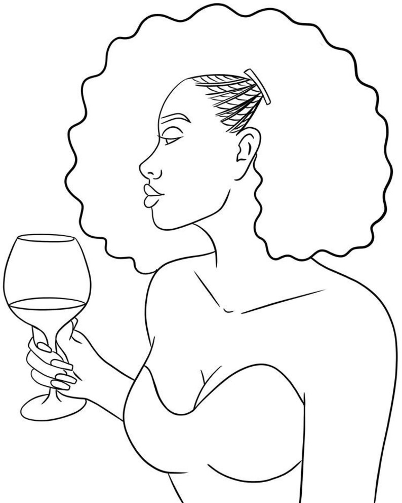May include: A black and white line art illustration depicting a person with a large afro hairstyle and a hair clip, shown in profile. The person is holding a stemmed wine glass in one hand and wearing a strapless top with a sweetheart neckline.