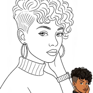 May include: A black and white line art illustration of a person with a short, curly, undercut hairstyle, wearing hoop earrings and a turtleneck sweater. A smaller, colored version of the same illustration is positioned in the bottom right corner.