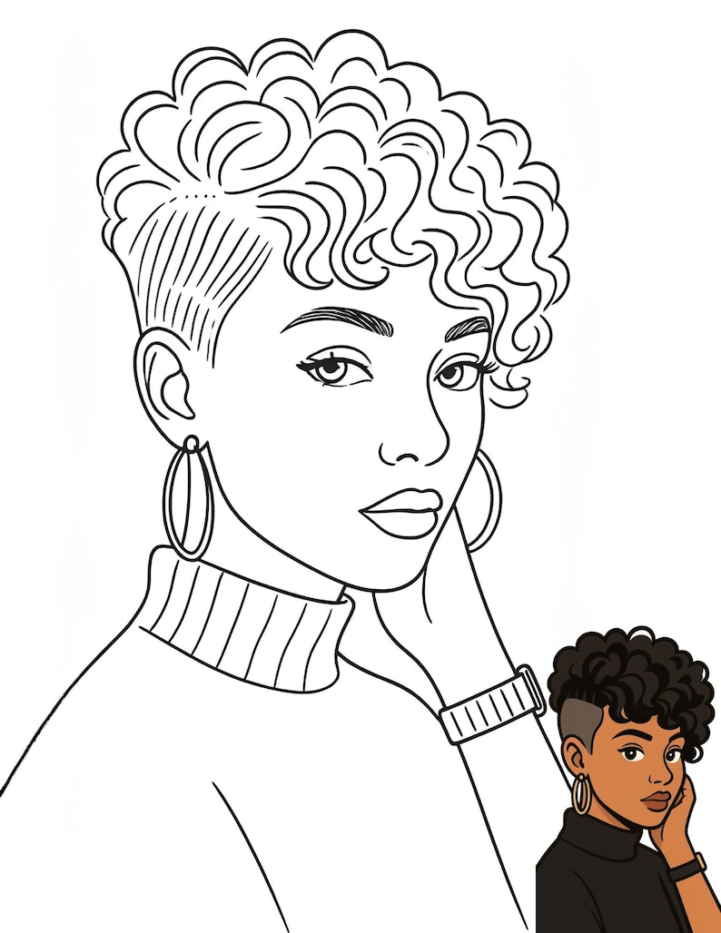 May include: A black and white line art illustration of a person with a short, curly, undercut hairstyle, wearing hoop earrings and a turtleneck sweater. A smaller, colored version of the same illustration is positioned in the bottom right corner.