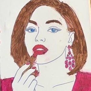 May include: A painting on canvas depicting a person with brown hair, blue eyes, and a pink top. The person is applying red lipstick and wearing large, dangling pink earrings. The artwork features bold outlines and vibrant colors on a light background.