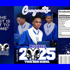 May include: A graduation party design featuring a photo of three young men in blue graduation gowns. The text "The best is yet to come" is on the left side of the image. The text "Class of 2025" is on the right side of the image. The text "Michael" is above the year. The text "Rams Newton High School" is below the year. The text "Graduate Facts" is on the right side of the image. The text "Success 100%" is below the text "Graduate Facts". A table lists the percentage of success in different areas, such as intelligence, hard work, laziness, knowledge, extracurricular activities, family and friends, teachers and classmates, love, and faith.