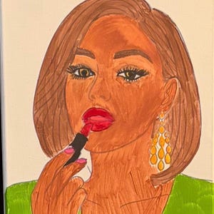 May include: A painting on canvas depicting a person with brown hair and a green top applying bright red lipstick. The person wears large, gold-toned, teardrop-shaped earrings. A small letter Q is visible in the top right corner of the artwork.