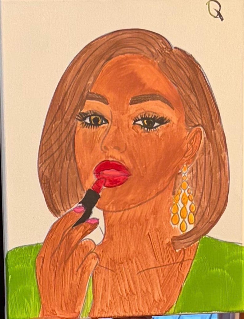 May include: A painting on canvas depicting a person with brown hair and a green top applying bright red lipstick. The person wears large, gold-toned, teardrop-shaped earrings. A small letter Q is visible in the top right corner of the artwork.