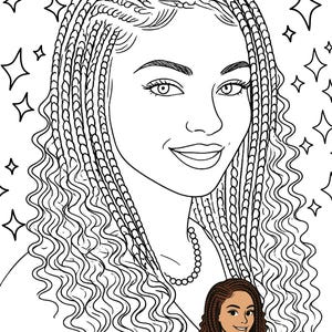 May include: A black and white line art coloring page featuring a portrait of a person with long braided hair and wavy ends, wearing a beaded necklace, surrounded by star shapes, with a small colored version of the same portrait in the corner.