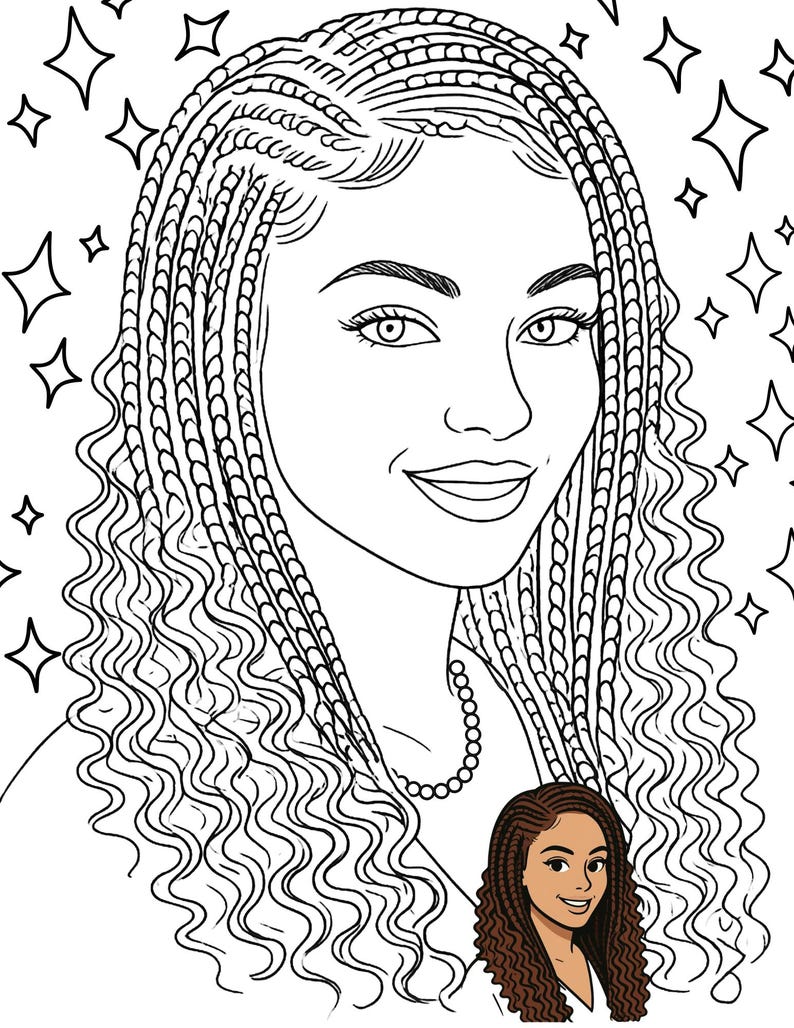 May include: A black and white line art coloring page featuring a portrait of a person with long braided hair and wavy ends, wearing a beaded necklace, surrounded by star shapes, with a small colored version of the same portrait in the corner.