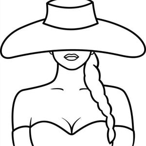 May include: A black and white line art illustration depicting a person wearing a wide-brimmed hat. The person has a single long braid falling over one shoulder and is wearing a strapless top. The drawing focuses on the head and shoulders.