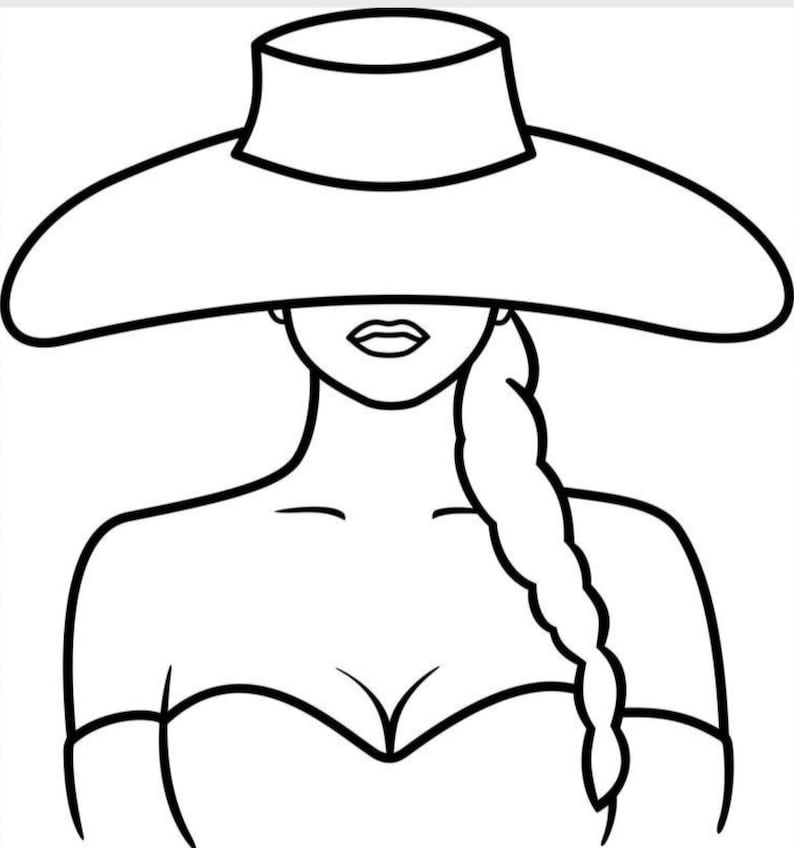 May include: A black and white line art illustration depicting a person wearing a wide-brimmed hat. The person has a single long braid falling over one shoulder and is wearing a strapless top. The drawing focuses on the head and shoulders.