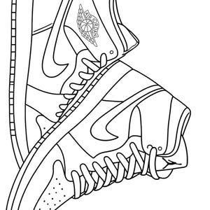 May include: A black and white line art illustration of a high-top sneaker. The design features a prominent Nike swoosh, a perforated toe box, and the Air Jordan wings logo clearly visible on the side panel. The laces are tied, and the shoe is depicted from a side profile angle, showcasing the classic athletic footwear silhouette.