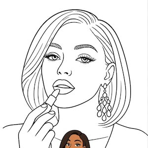 May include: A black and white line art illustration of a person with a bob haircut applying lipstick, featuring long dangling earrings. A smaller, full-color version of the same illustration is positioned at the bottom center of the image.