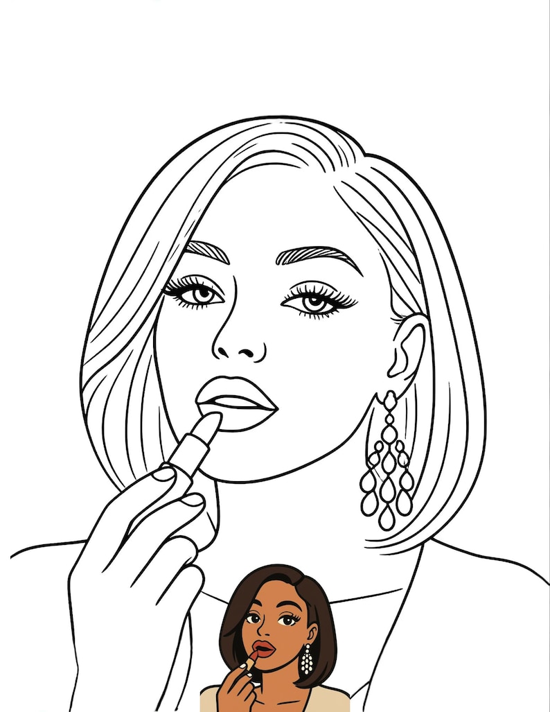May include: A black and white line art illustration of a person with a bob haircut applying lipstick, featuring long dangling earrings. A smaller, full-color version of the same illustration is positioned at the bottom center of the image.