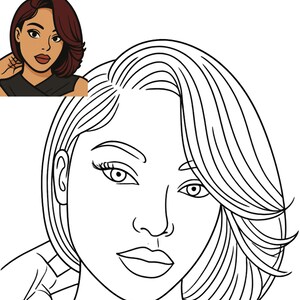 May include: A black and white line art coloring page featuring a portrait of a person with a side-parted bob hairstyle. A small, full-color reference image of the same portrait is positioned in the top left corner, showing dark hair and skin.