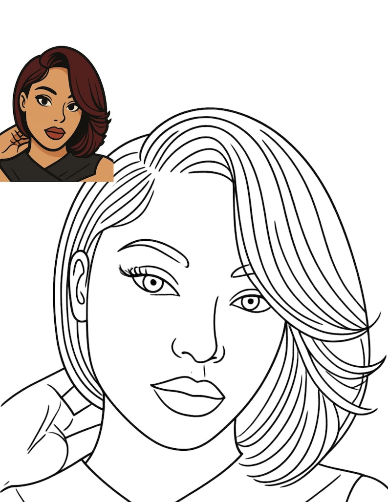May include: A black and white line art coloring page featuring a portrait of a person with a side-parted bob hairstyle. A small, full-color reference image of the same portrait is positioned in the top left corner, showing dark hair and skin.