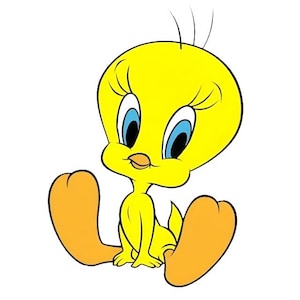 Pode incluir: Ilustração de desenho animado de Piu-Piu, um canário amarelo com grandes olhos azuis, sentado. O personagem tem pés laranja e um bico pequeno. O fundo é branco liso.