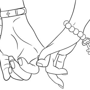 May include: A black and white line art illustration showing two hands linked by their pinky fingers. One wrist features a strap with a hanging padlock charm, while the other wrist displays a beaded bracelet with a hanging key charm.
