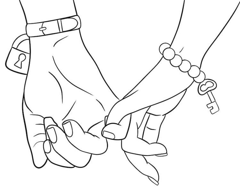 May include: A black and white line art illustration showing two hands linked by their pinky fingers. One wrist features a strap with a hanging padlock charm, while the other wrist displays a beaded bracelet with a hanging key charm.