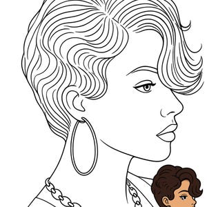 May include: A black and white line art illustration of a profile view of a person with short wavy hair, wearing large hoop earrings and a thick chain link necklace. A smaller, colored version of the same illustration is included in the bottom corner.