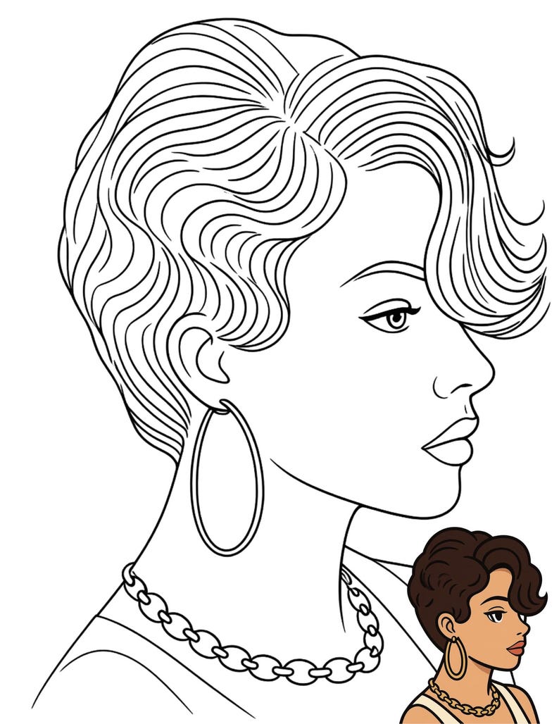 May include: A black and white line art illustration of a profile view of a person with short wavy hair, wearing large hoop earrings and a thick chain link necklace. A smaller, colored version of the same illustration is included in the bottom corner.