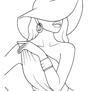 May include: A black and white line art illustration depicting a figure wearing a wide-brimmed sun hat, large hoop earrings, and a wide bracelet on one arm. The figure is shown from the chest up, with one hand resting near the shoulder area.