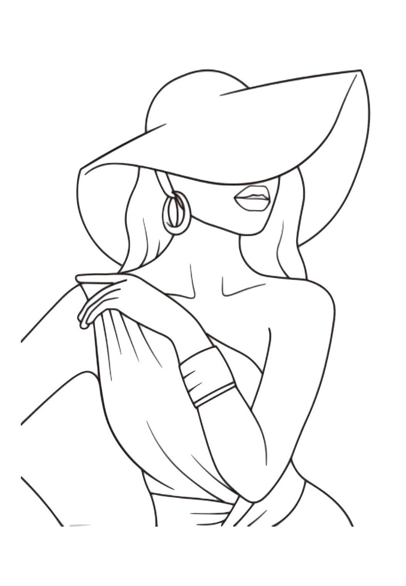 May include: A black and white line art illustration depicting a figure wearing a wide-brimmed sun hat, large hoop earrings, and a wide bracelet on one arm. The figure is shown from the chest up, with one hand resting near the shoulder area.