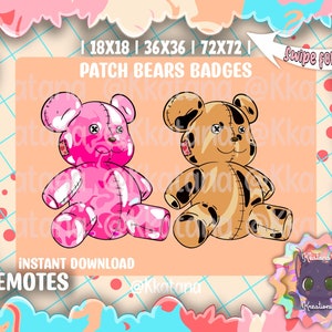 Puede incluir: Dos parches de ositos de peluche de dibujos animados en rosa y marrón con detalles cosidos. El texto "PATCH BEARS BADGES" está por encima de los osos. El texto "INSTANT DOWNLOAD EMOTES" está debajo de los osos. El texto "Swipe for more" está en la esquina superior derecha. El texto "Klatana's Kreations" está en la esquina inferior derecha.