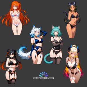 May include: An illustration of several anime-style characters wearing lingerie. The characters have diverse hair colours and styles, with some sporting animal-themed accessories such as cat ears or tails. The lingerie is in various colours, including black, blue, and white.