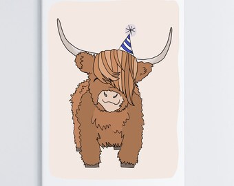Scottish Highland Cow Wearing Birthday Hat Card | Highland Cow Birthday Card